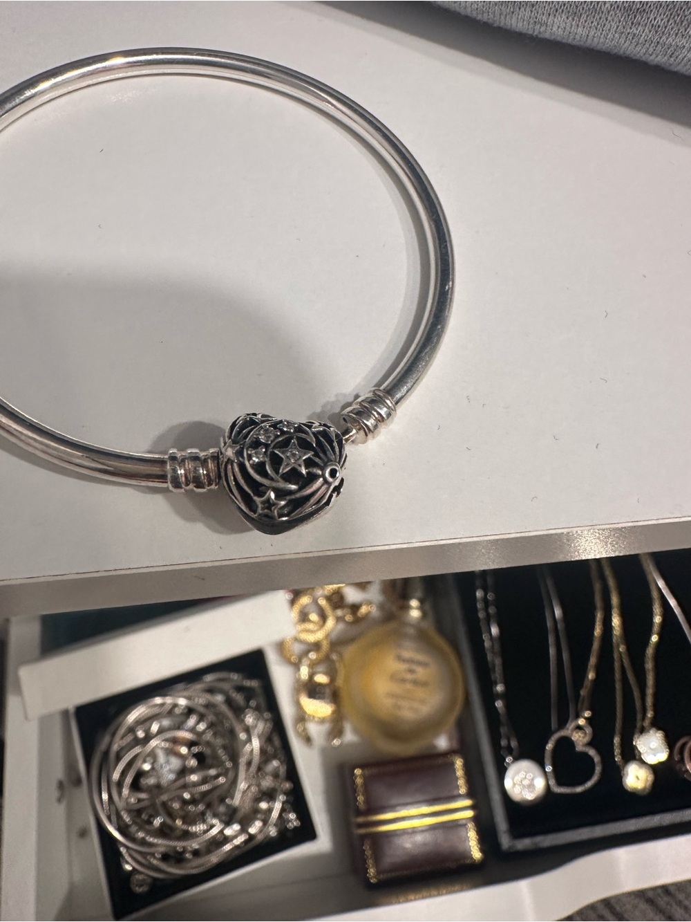 Pandora Sterling Silver Heart Charm Bangle Bracelet - Silver